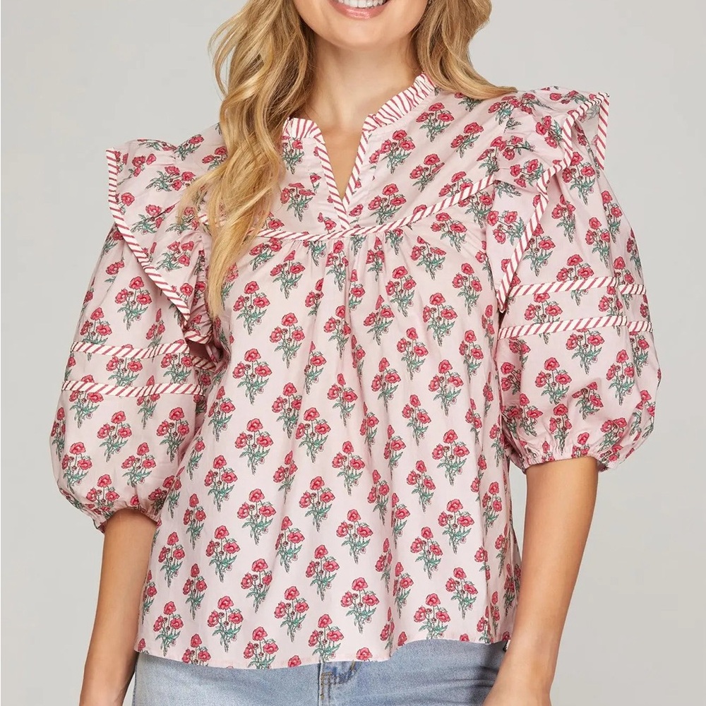 NEW Floral Ruffle Sleeve Pink Top by Sewn & Seen